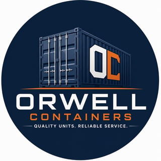 Orwell Containers logo featuring a shipping container with OC initials and company tagline on dark blue background