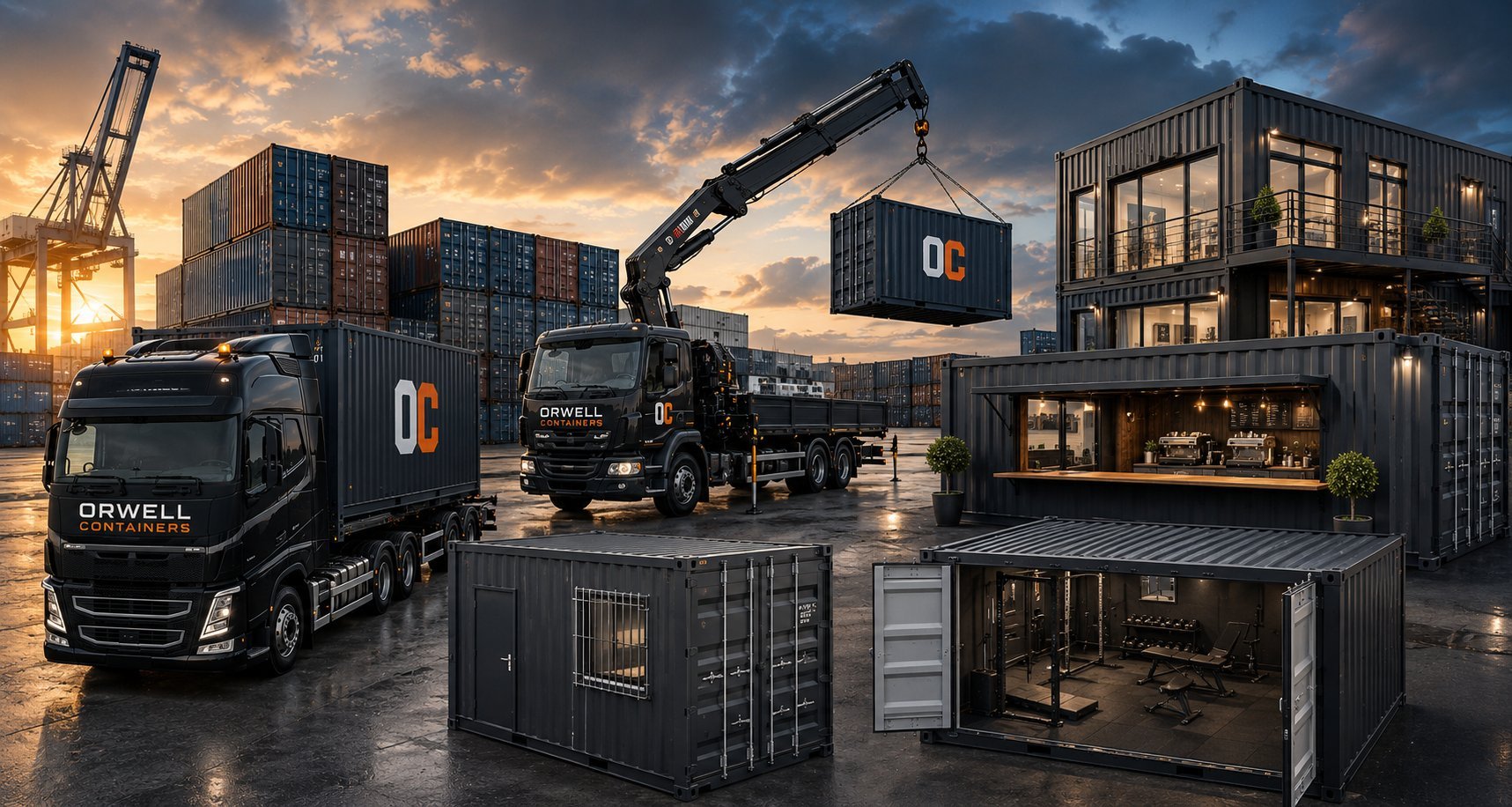 Industrial port scene at sunset with shipping containers, trucks, and crane equipment showcasing logistics and cargo operations